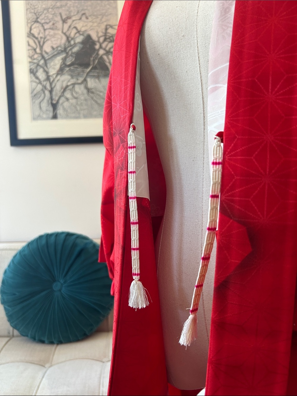 Stunning Red Silk Haori Kimono Jacket, , Vintage - Picture 6 of 10